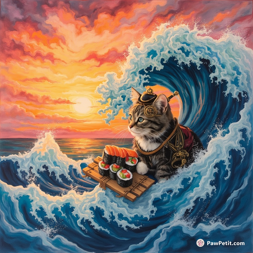 Steampunk cat making sushi on a gigantic wave under a neon sunset.