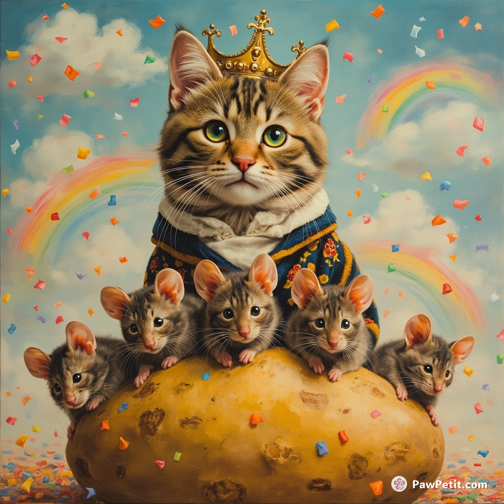 Cat being crowned the ruler of mice on top of a potato kingdom with confetti-shaped rainbows to celebrate.