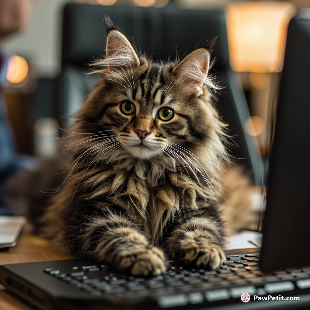 Whiskers waltzes into a business meeting, typing on a keyboard with his paws, accidentally launching a company-wide meme war.
