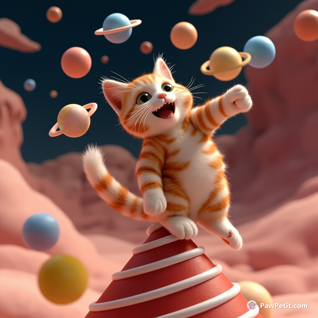 A colorful cat, juggling five planetary orbs on a tilted red-and-white striped pyramid in zero gravity.