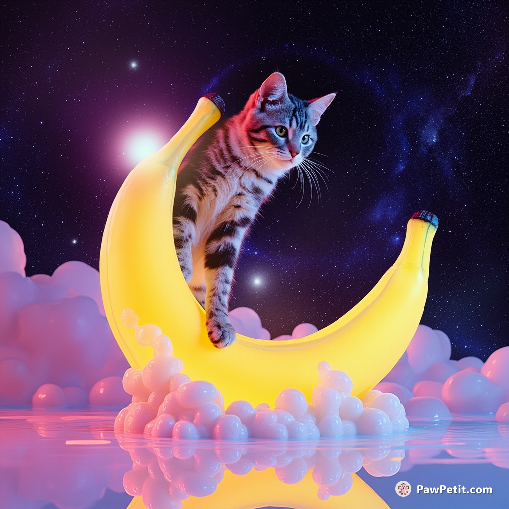 Cybernetic cat dunking a banana moon in a cosmic milk galaxy while stars and nebulae orbit around.
