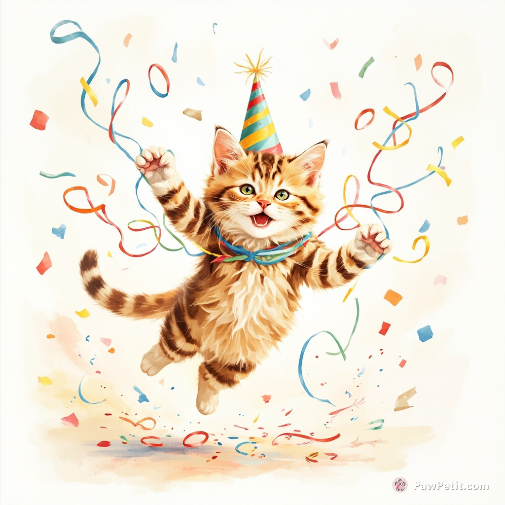 The cat, in its panicked frenzy, dashes throughout the party, trailing an unraveled spool of colorful birthday streamers.