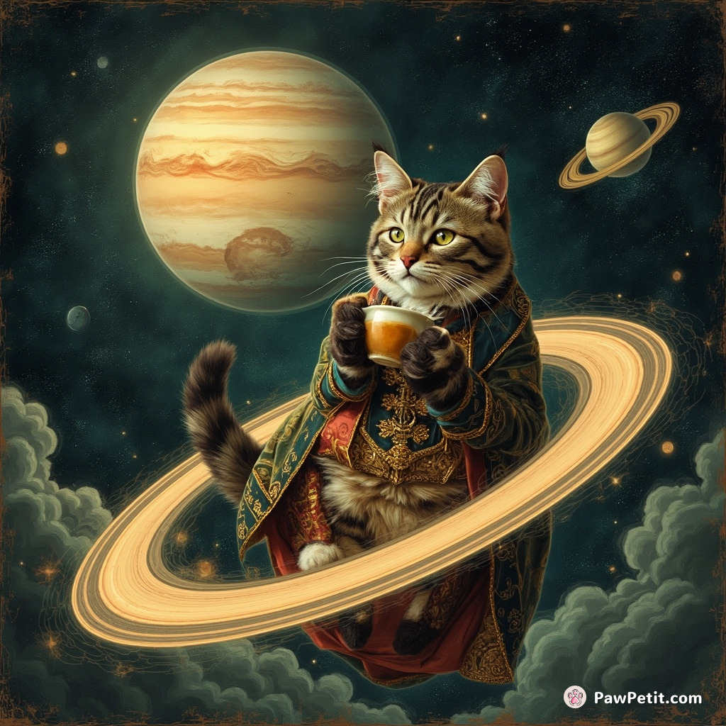 A victorian era cat sipping tea on the rings of Saturn.