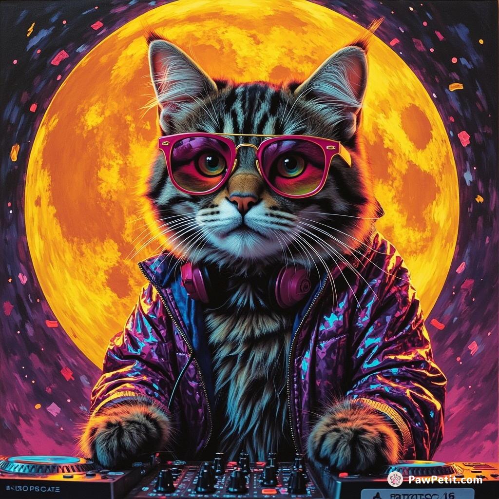 A colorful neon cat DJing on a disco cheese moon, wearing 80s style sunglasses and a sequin jacket.
