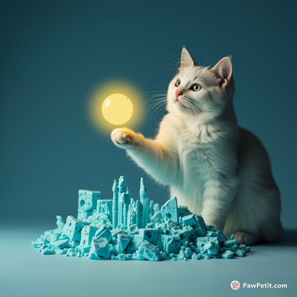 Cat holding a miniature sun in it's paw to light up an alien city made of blue cheese.
