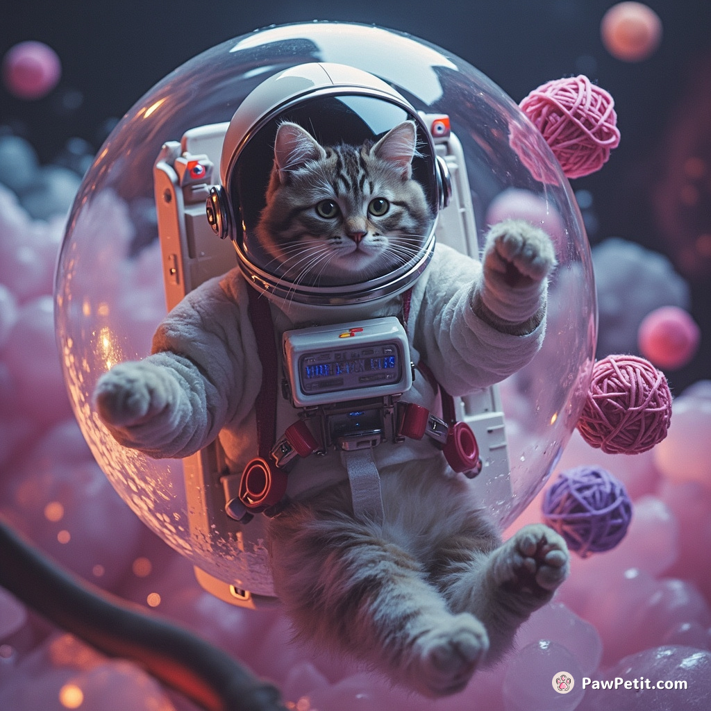 A cyberpunk astronaut cat floating in a zero-gravity bubble bath, juggling cosmic yarn balls.