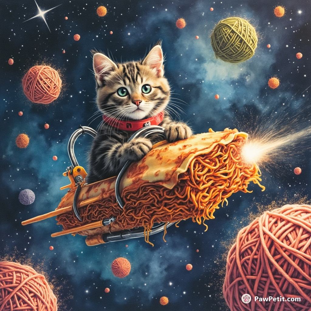Cybernetic cat piloting a spaceship made of lasagna through a nebula of sparkling yarn balls.