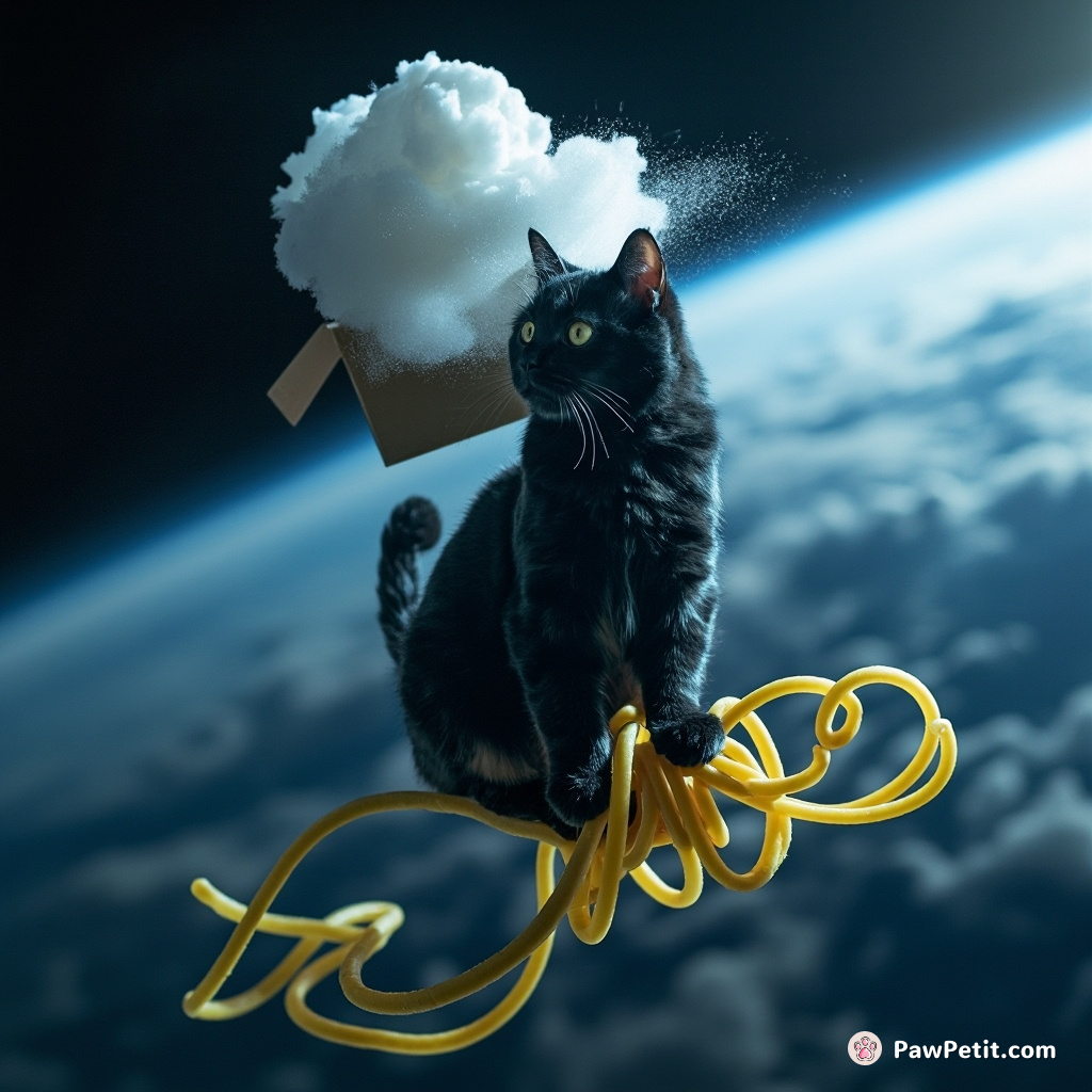 A neon-black cat balancing on a floating spaghetti noodle in zero-gravity while unboxing an upside-down rain cloud.