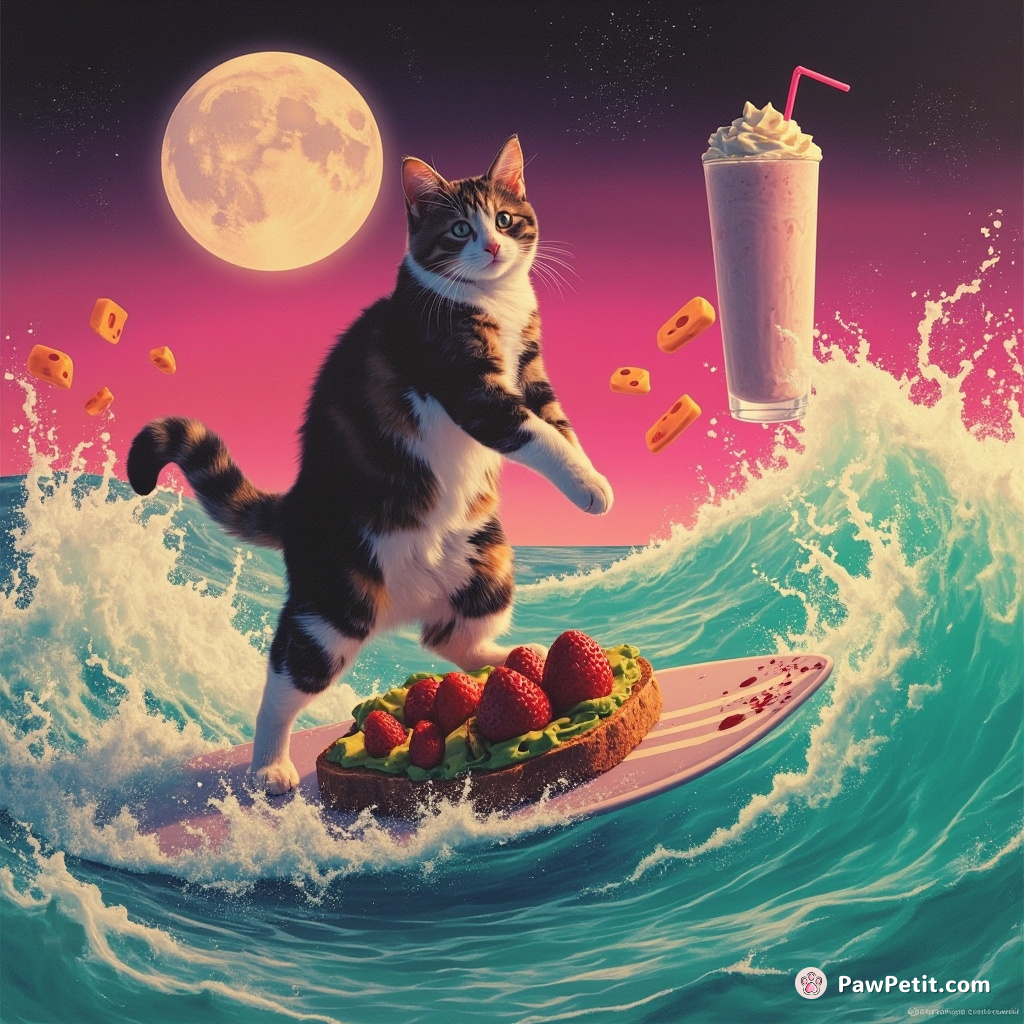 A calico cat surfing on a toasting avocado toast in an ocean of strawberry milkshake under cheese moonlight.