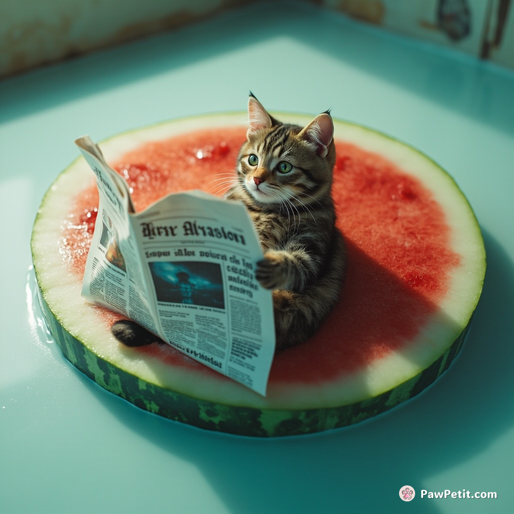 Cat reading newspaper about alien invasion while floating on a slice of watermelon in an ocean of milk.