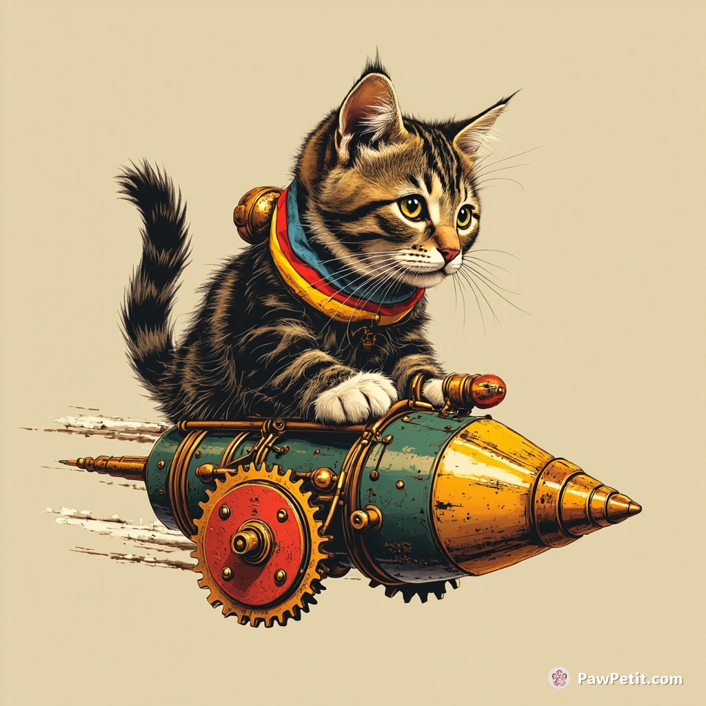 A steampunk cat steering an antique time machine on rainbow cogs, eyes narrowed in sheer determination.