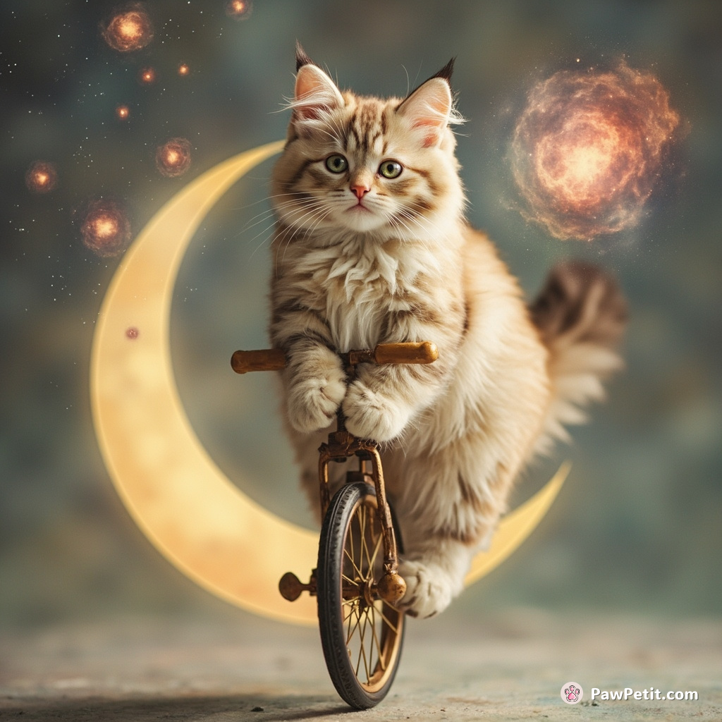 A royal cat riding a magical unicycle, juggling colourful nebulae whilst balancing on the sliver of the crescent moon.