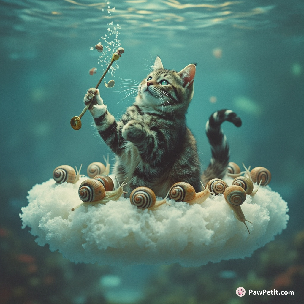 Cat conducting a symphony of snails with its tail on a floating cloud underwater.