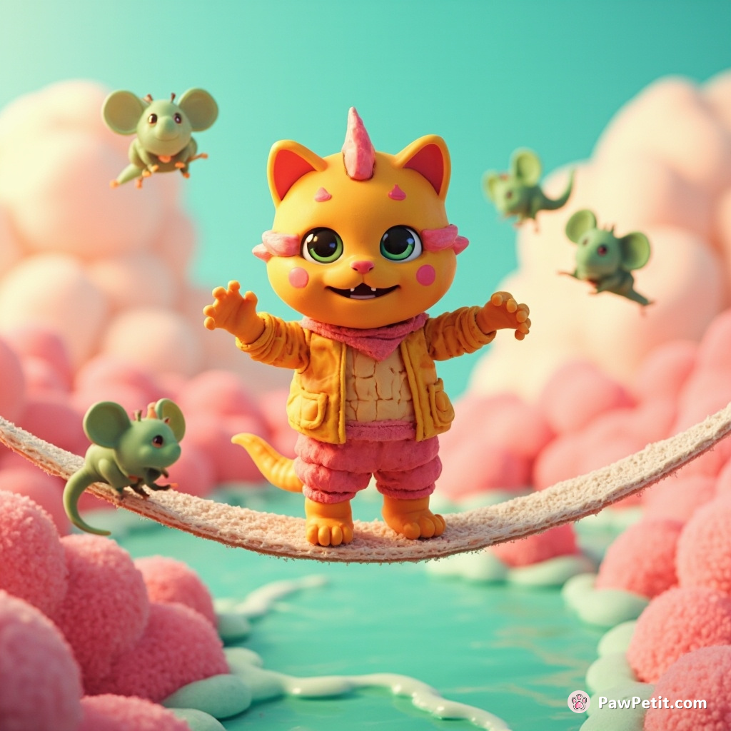 A neon-orange cat balancing on the narrowed rope of a T-rex tightrope walker's outfit, juggling emerald mice over a bubbling pudding river under cotton candy clouds.