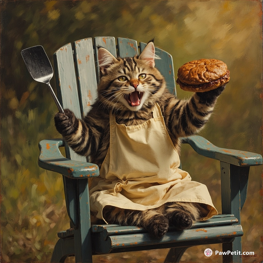 Cat, on lawn chair at barbecue, dons apron, lifts spatula mimicking dad's grilling technique – hilarious burger-yielding feline farce.