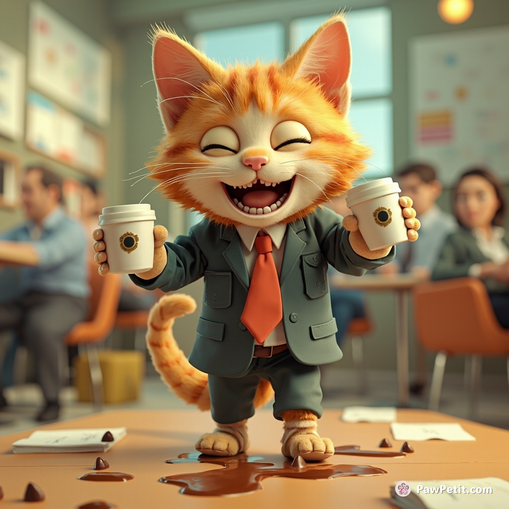 Mischievous cat masquerades as human, hilariously struggles to walk upright and spills coffee at staff meeting.