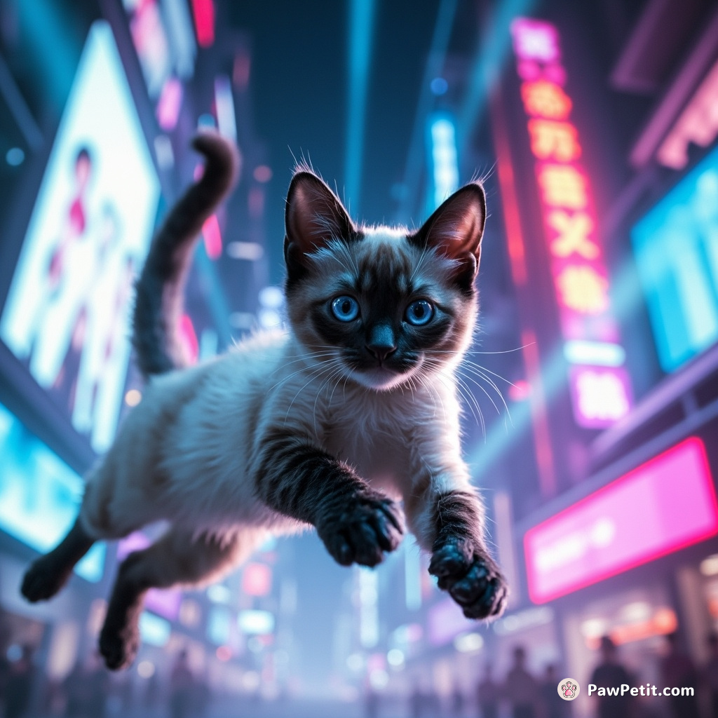 A sleek, cybernetic cat leaps between holographic billboards, its tail weaving through neon beams in a futuristic skyline.