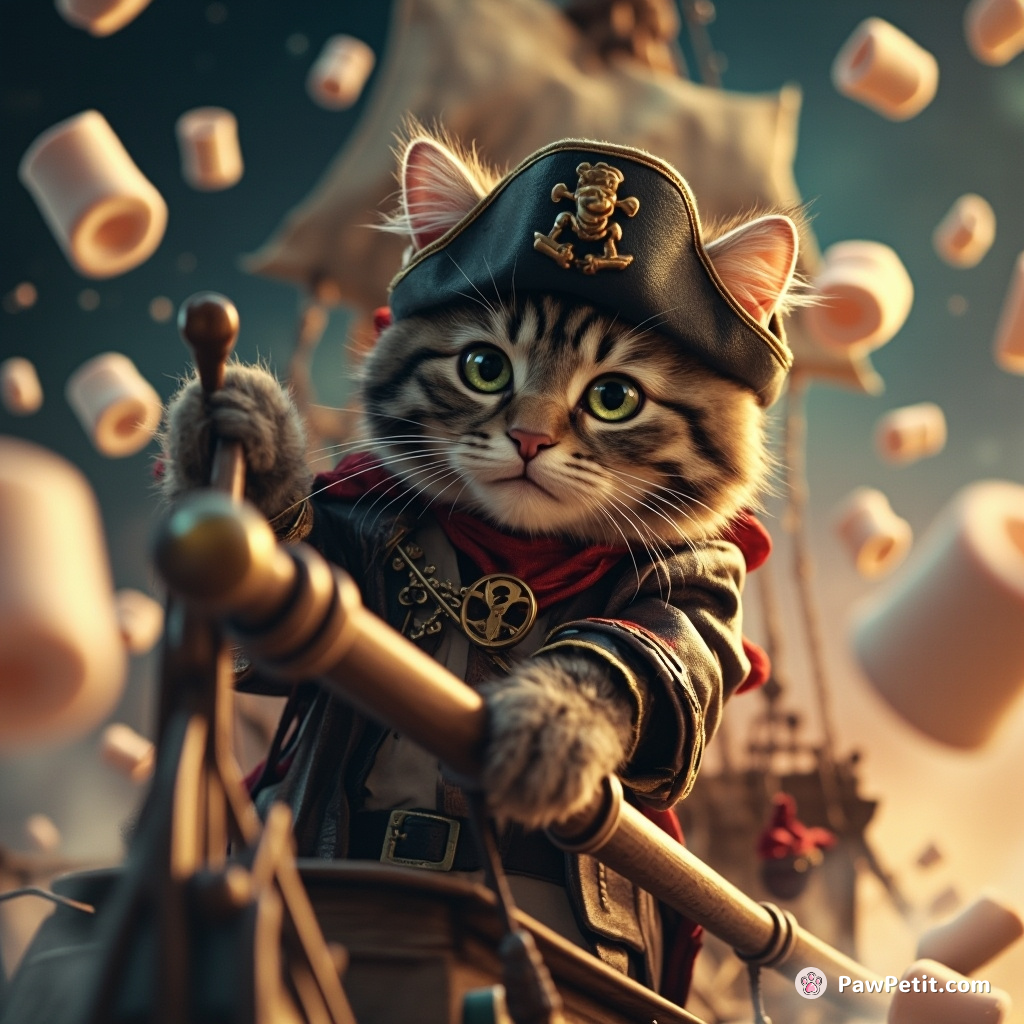Cat dressed as a steampunk pirate captain, steering a galleon through a storm of flying marshmallows in outer space.