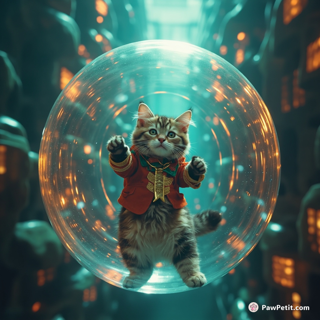 Cat performing magic tricks on a helium bubble in an underwater city.