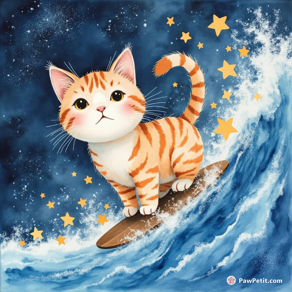 Cat surfing on a galaxy wave with stars tangled in its fur