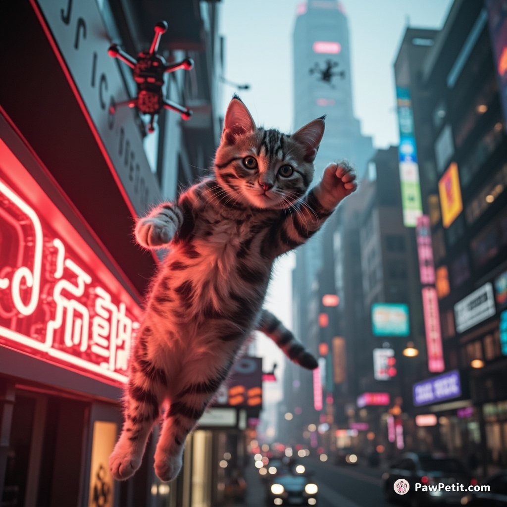 A cat leaps gracefully from neon sign to rooftop, dodging autonomous drones in the bustling tech city.