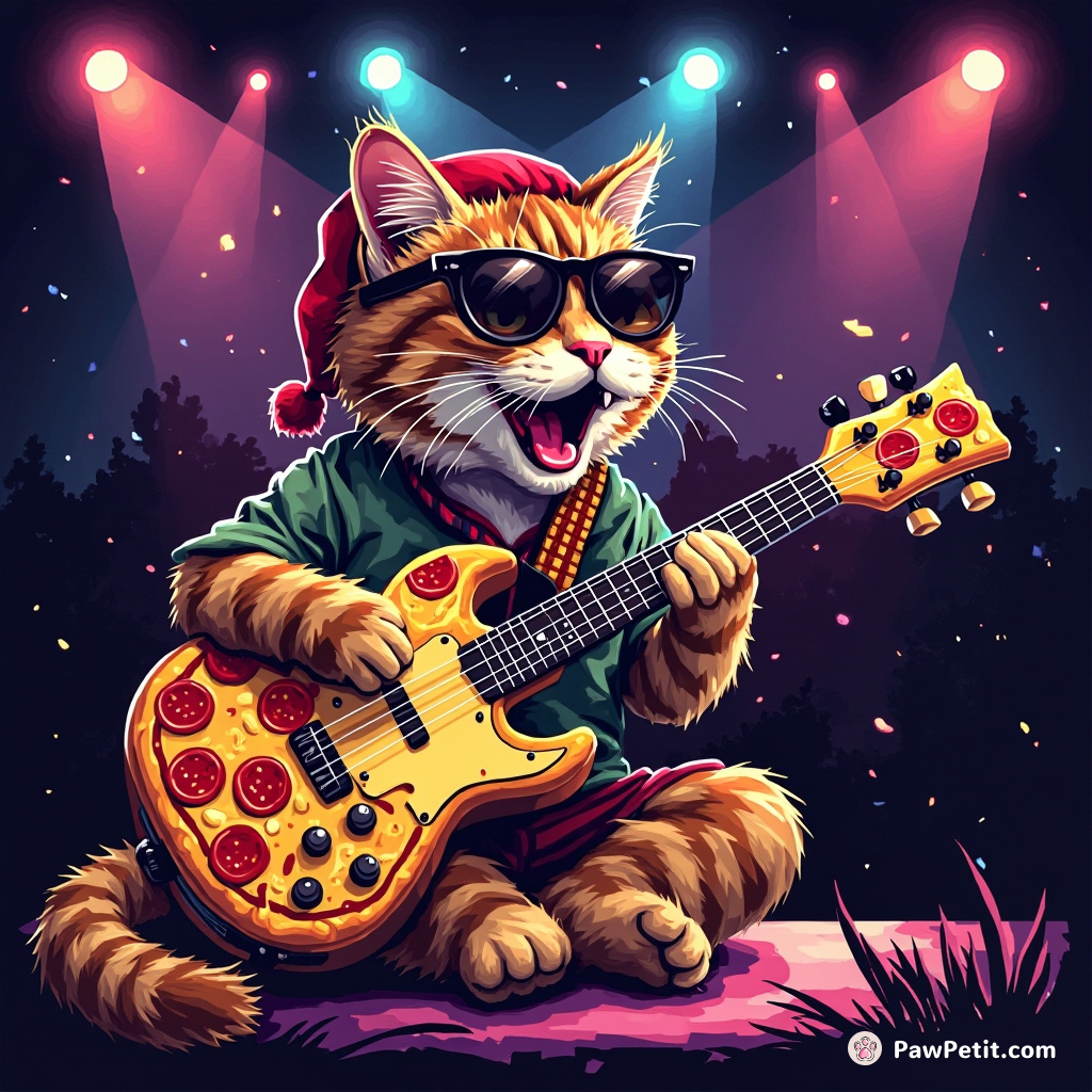 Cat attending a underground music concert, headbanging whilst playing an electric ukulele made of pizza and string cheese.