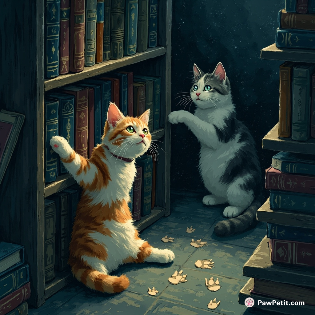 Cats stealthily rearrange bookshelves at night, leaving mysterious paw prints as their only trace.