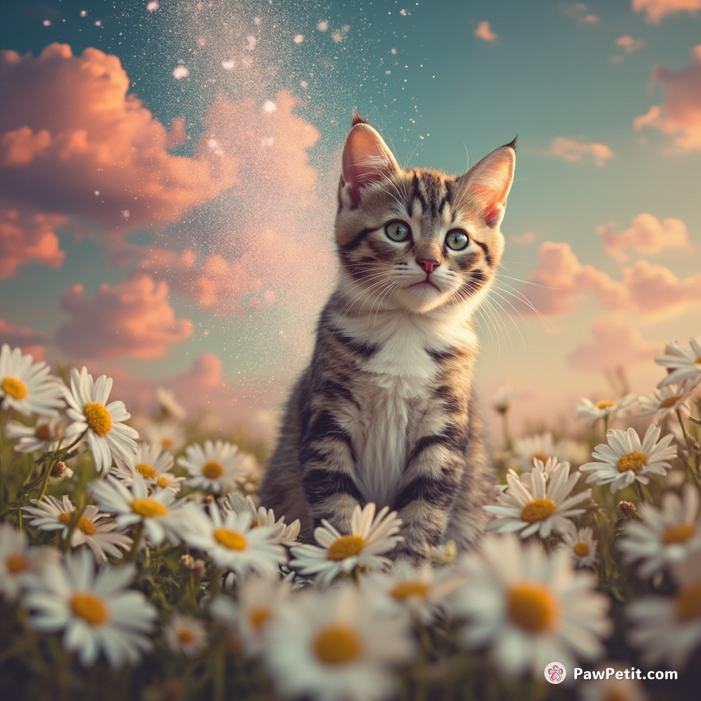 A bicolor cat spreading fairy dust across a daisy field with its purring.