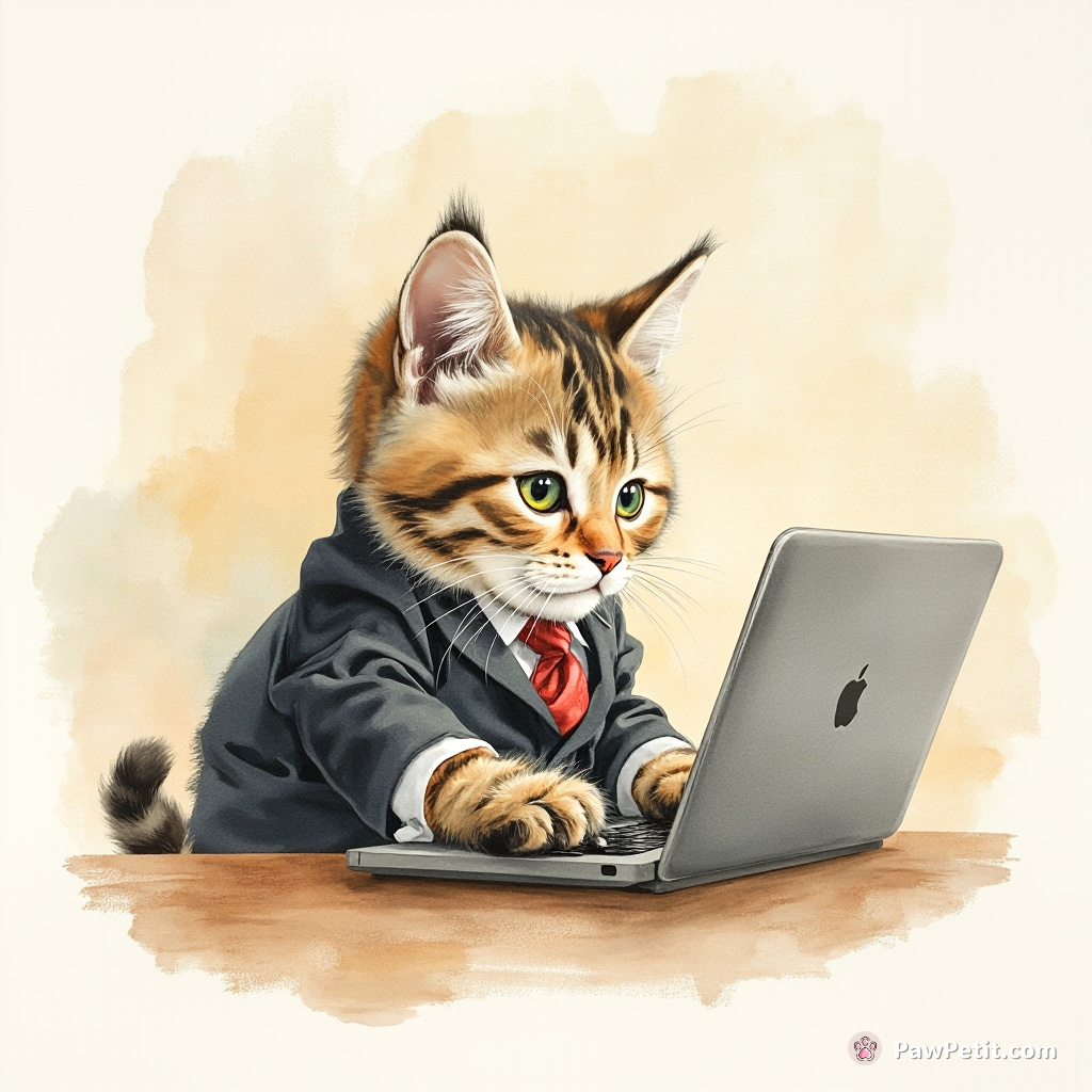 The cat, clad in a tiny suit, intensely taps the mouse and scrutinizes the laptop screen with ultmost concentration.