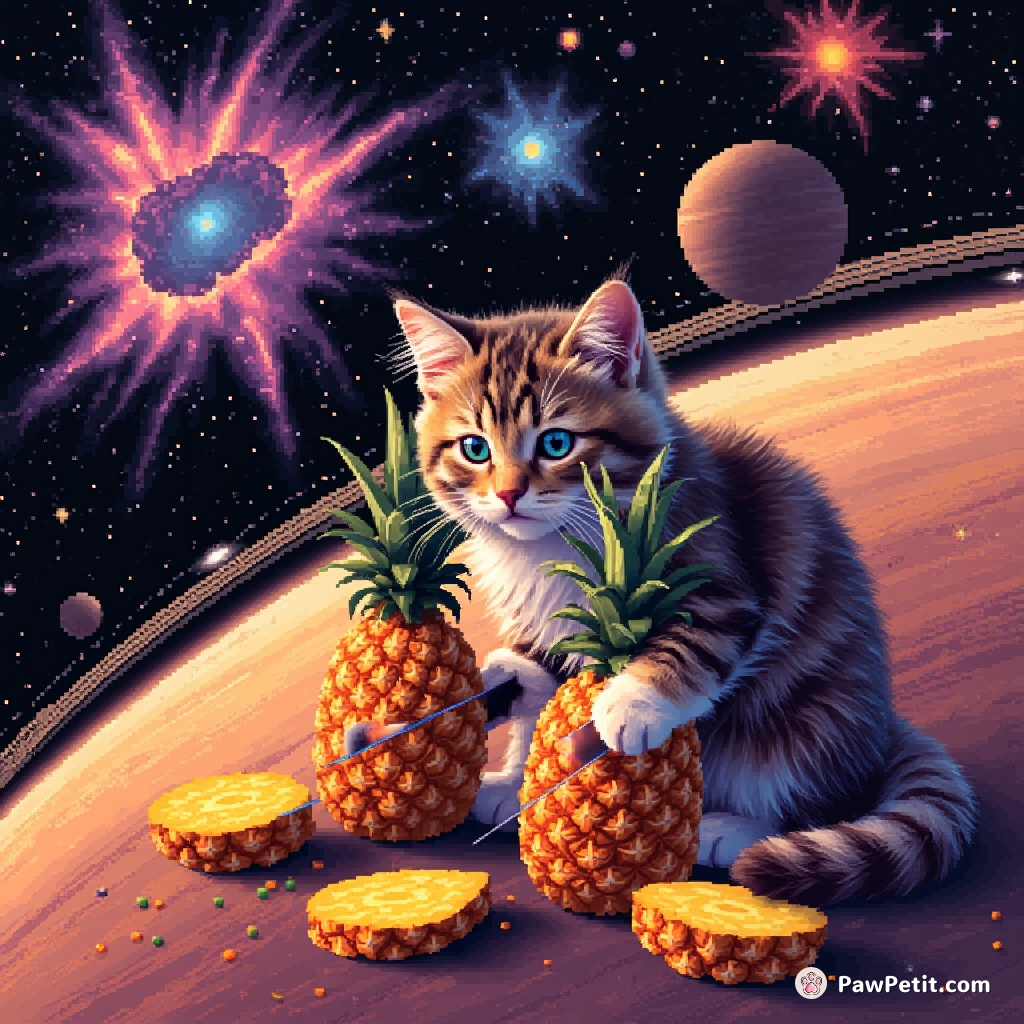 Cat slicing pineapples erupting with dancing galaxies, on Saturn's rings.