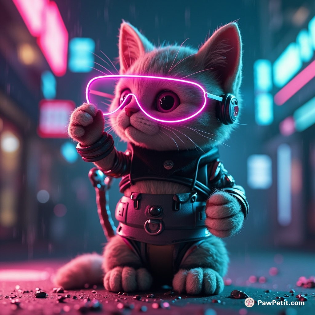 A cyberpunk cat adjusting a neon monocle using a robotic tail under futuristically glowing rain.