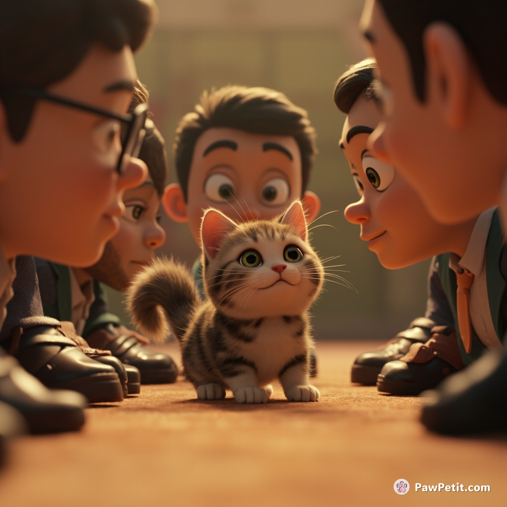 A cat challenges humans to a staring contest, swishing its tail confidently as it locks eyes with each opponent.