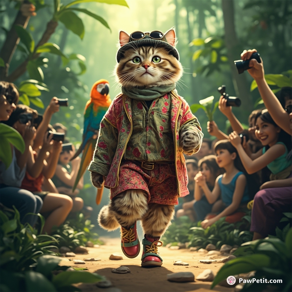 Cat fashion show in a rainforest with parrot paparazzi.