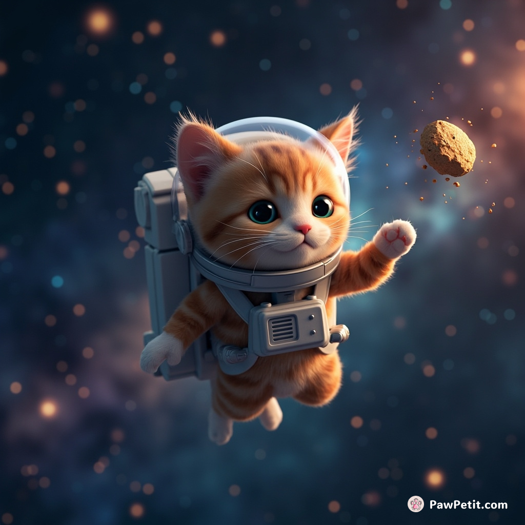 A space astronaut cat floating weightlessly amidst stars and galaxies, batting at a tiny meteor.