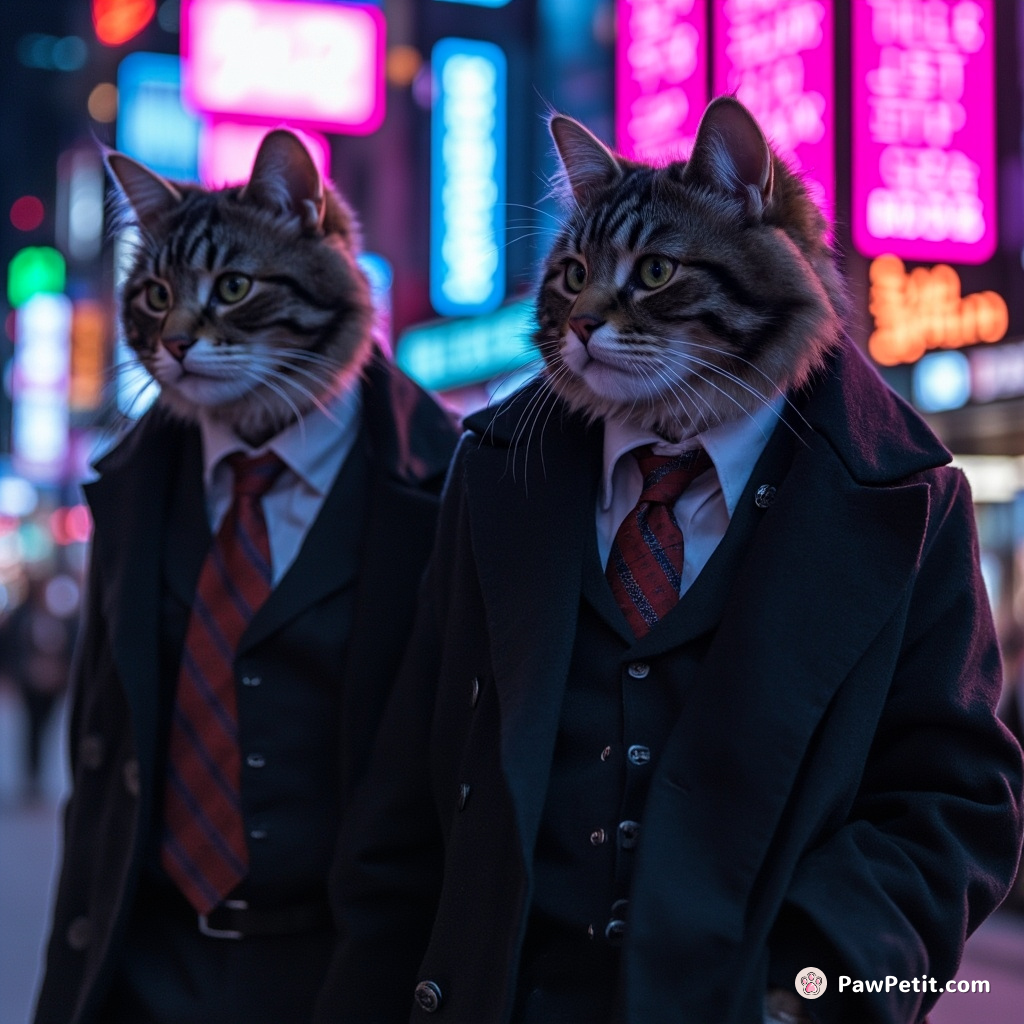 Cats meandering upright in tailored suits, discussing stock market fluctuations, unseen by their unsuspecting human owners.