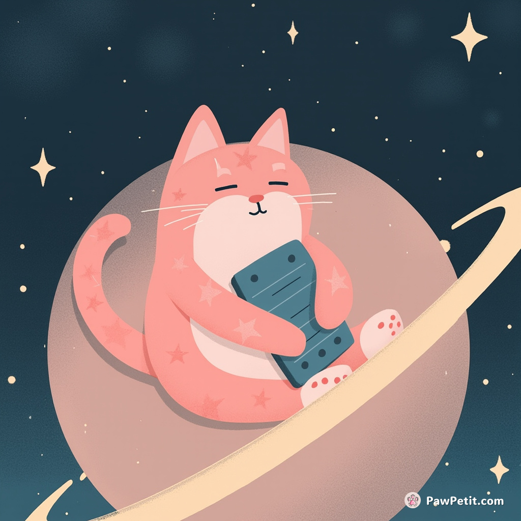 A pink galactic cat with starry fur, lounging on Saturn's rings, playing a blue xylophone.