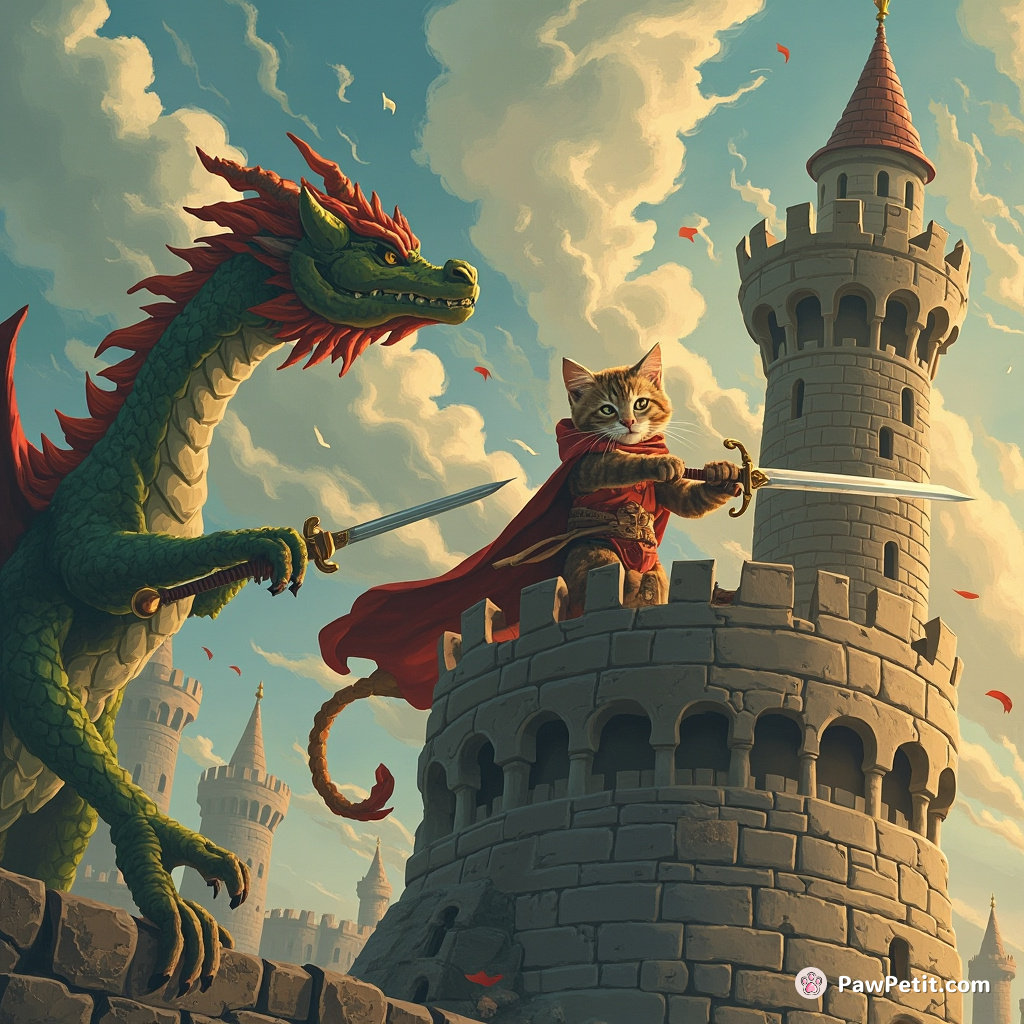 Cat scales castle tower, swings sword to save kingdom, befriends dragon.
