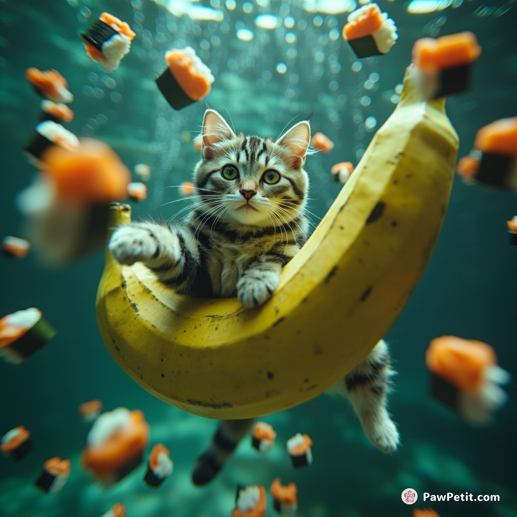 A cat swinging from a floating banana while juggling sushi rolls in an underwater tango competition.