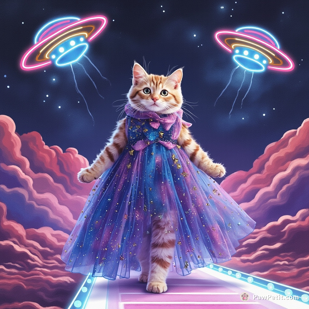 Cat catwalk modeling a gown of flowing galaxy stars, strutted by Martian craters under super neon UFO lights.