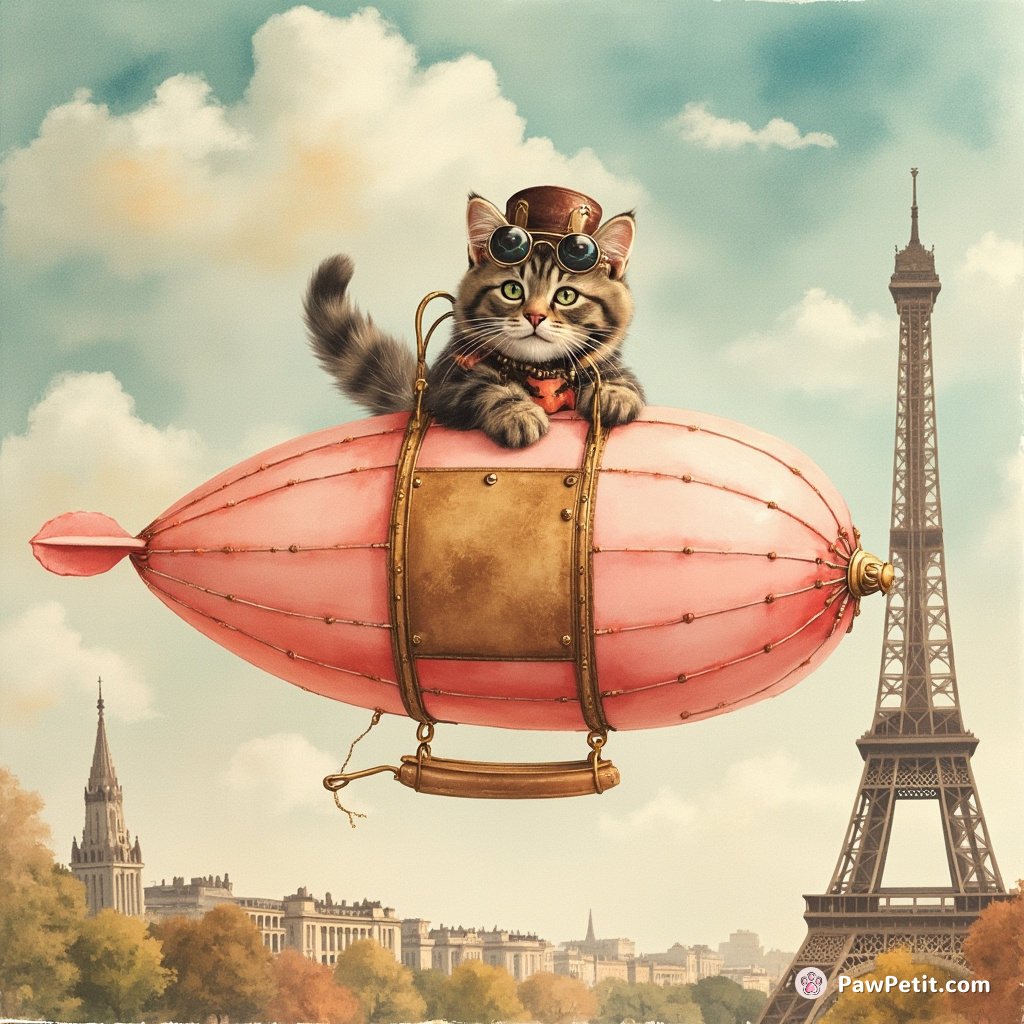 Steampunk cat piloting a bubblegum blimp in vintage Paris.