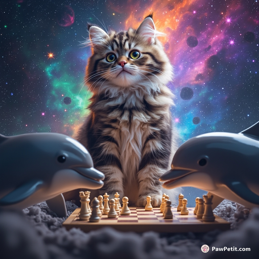 A hyper-intelligent extraterrestrial cat playing cosmic chess with spacefaring dolphins under earsplitting rainbow nebulae.