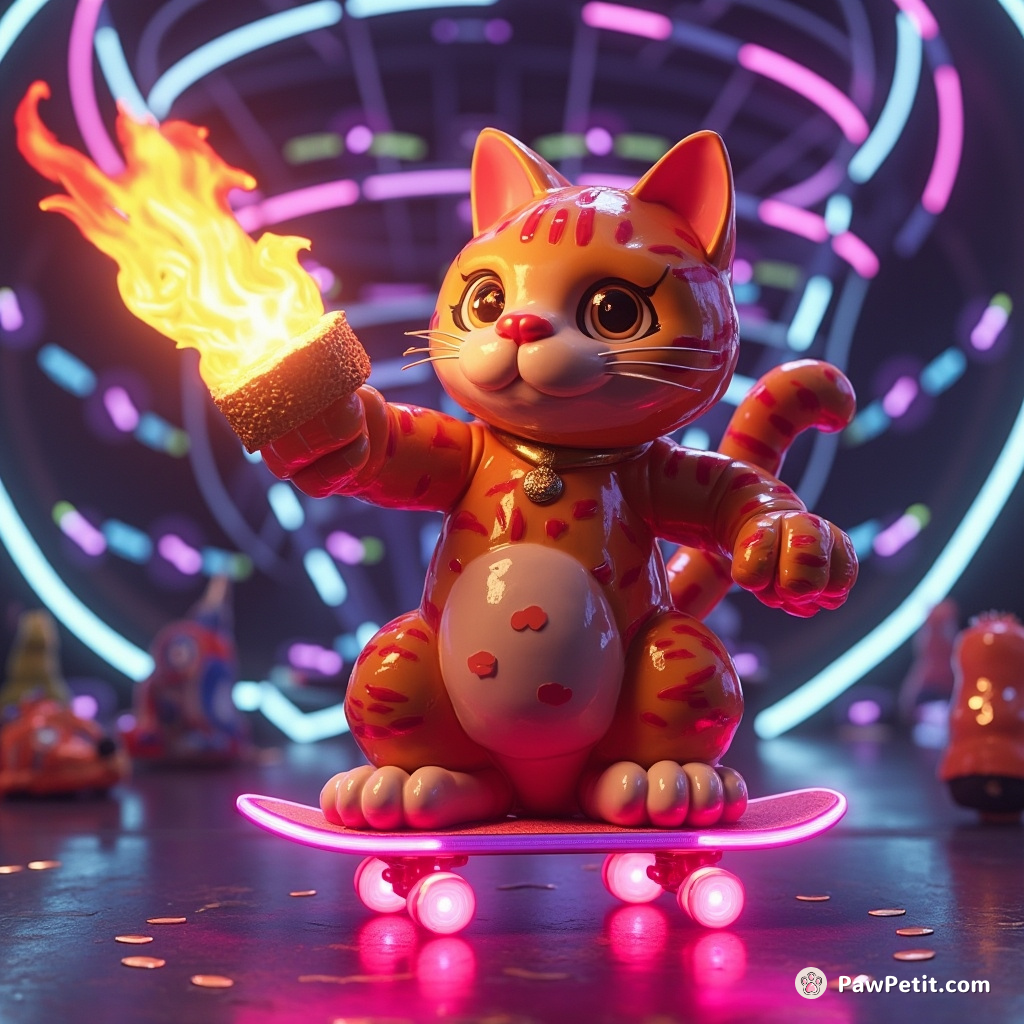 Giant neon cat serving flaming sushi on a skateboard in a space roller disco.