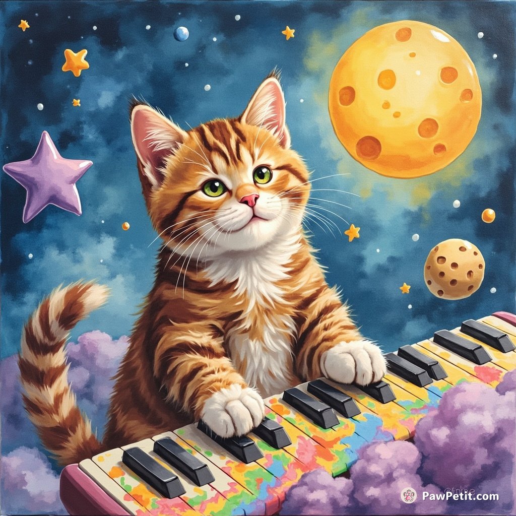 Cat jamming on a spraying rainbow keyboard while orbiting around a cheese moon.