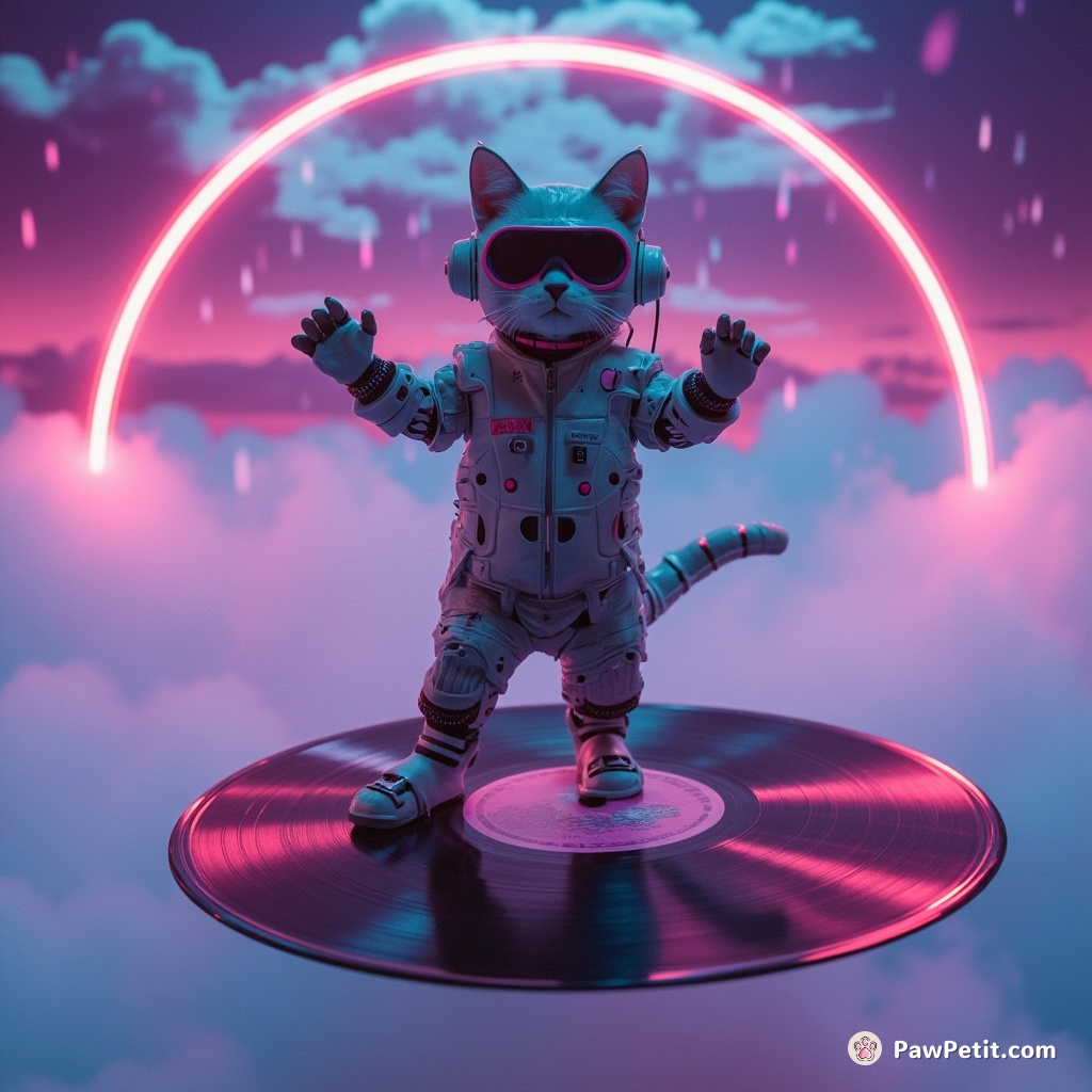 Cybernetic cat tap dancing on a floating vinyl record among neon rainclouds.