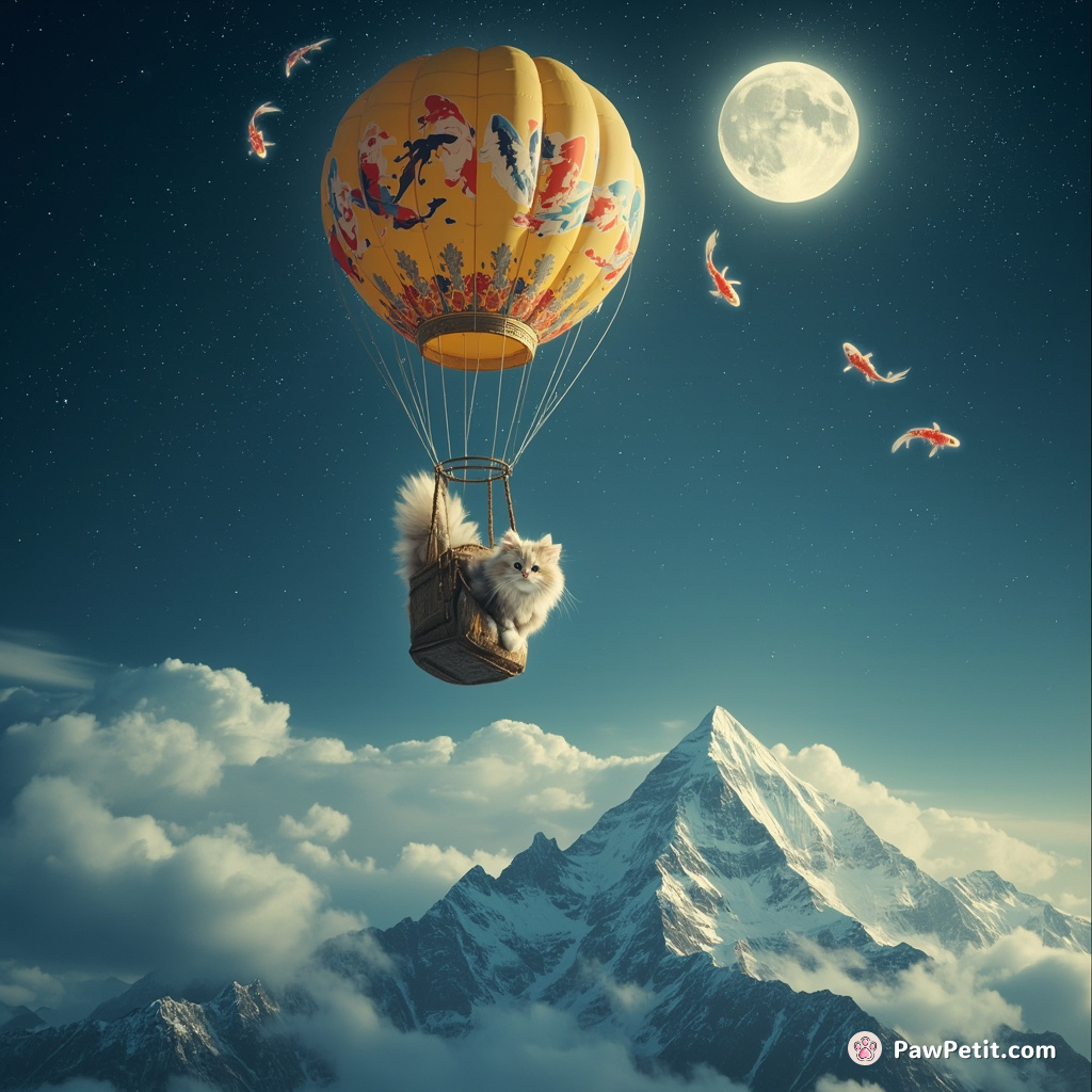 Cat parachuting from a hot air balloon powered by flapping fish, over Mount Everest lit by moonlight.