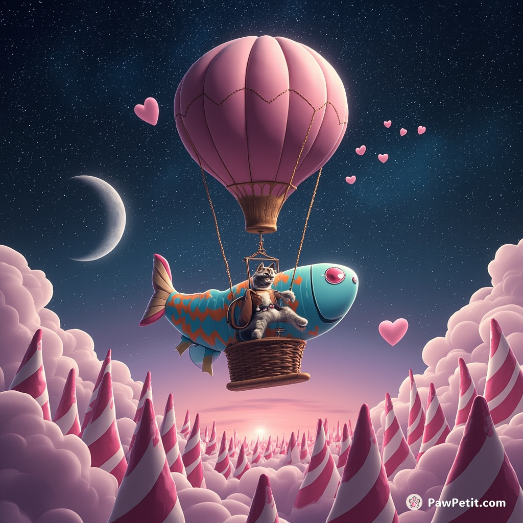 Steampunk cat flying a hot air balloon shaped like a fish over candy cane mountains on a starry night.