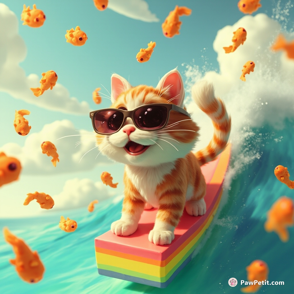 A cat surfing a rainbow wave with sunglasses and goofy grin, amidst showers of goldfish crackers falling from the sky.