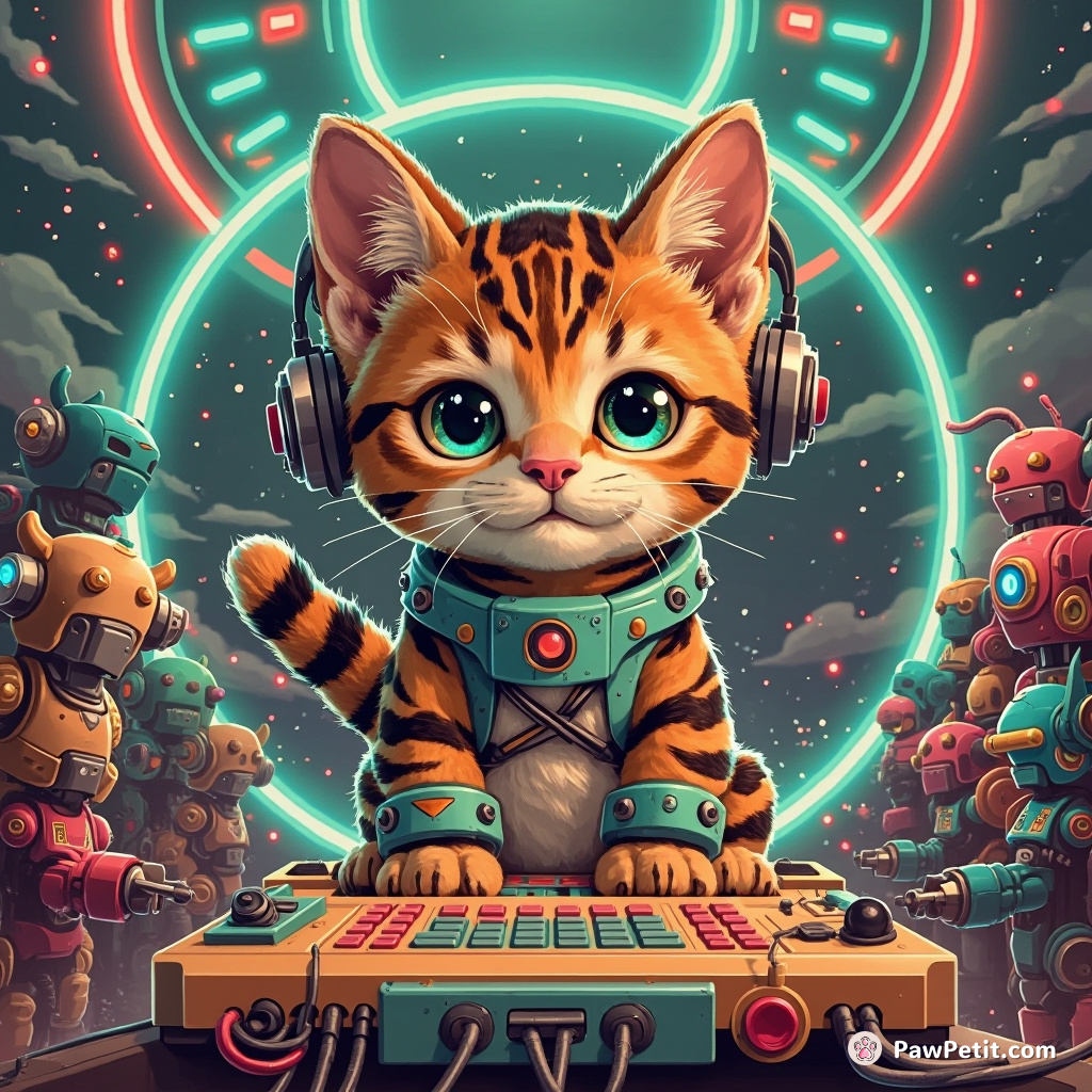 Striped feline flicks tail, activating AI robot army with each click-purr from its gargantuan neuronetic command console.