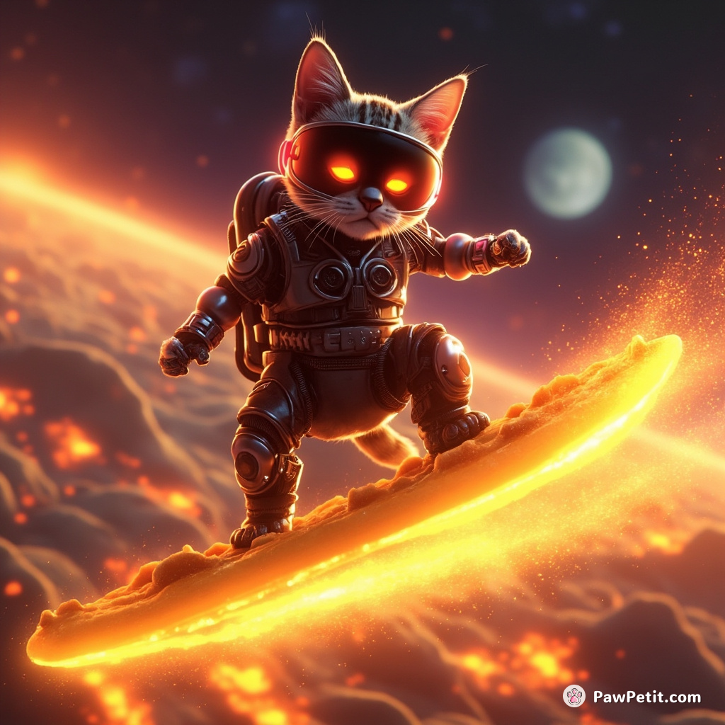 A neon cyborg cat surfing on a flaming cheese pizza slice across the Great Galactic Butter Meltdown.