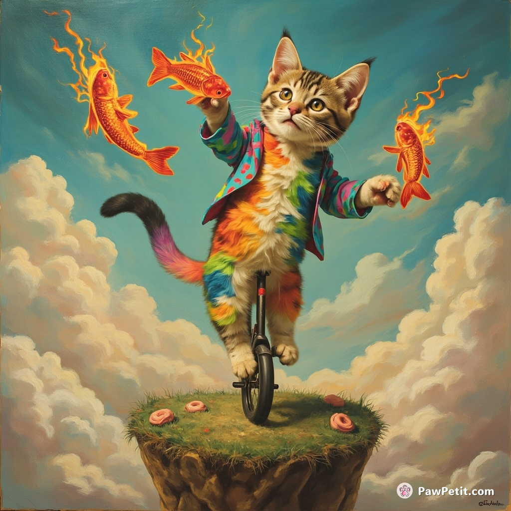 A rainbow-colored cat juggling flaming fish on a unicycle atop a floating island among marshmallow clouds.